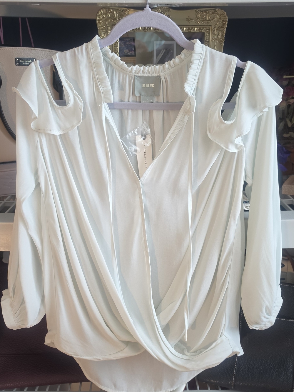 Maeve Mint Cold-Shoulder Ruffle Wrap Blouse